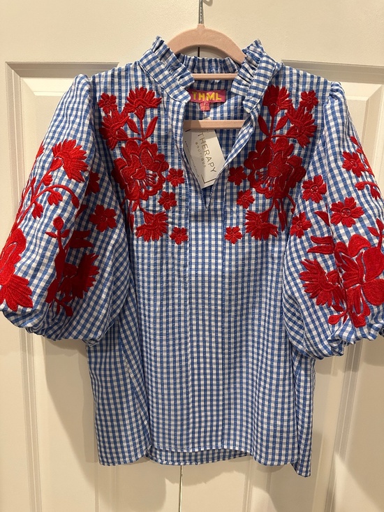 THML Tops - THML Peaceful Blue/white gingham embroidered blouse
